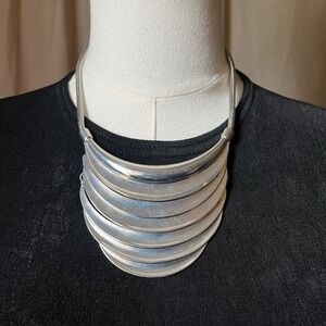 Vintage Sculptural Layered Silver Collar Necklace Statement Modernist Bib 16-18"